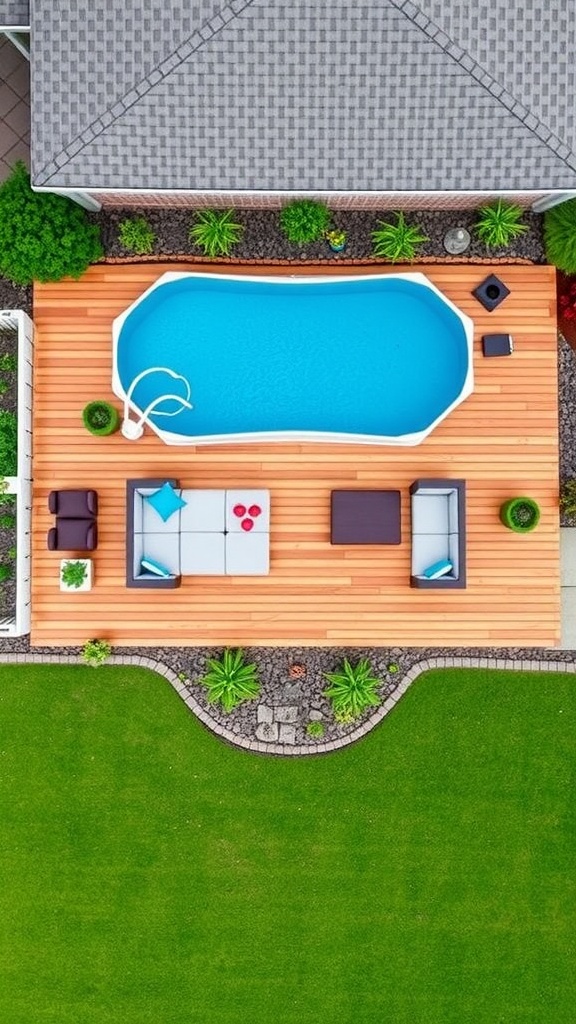 An aerial view of an above ground pool with a wooden deck, surrounded by plants and seating.