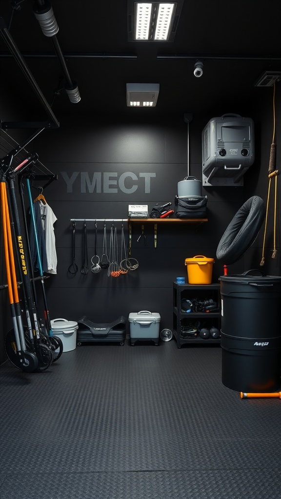 A well-organized black garage gym with equipment neatly arranged on shelves and hooks.