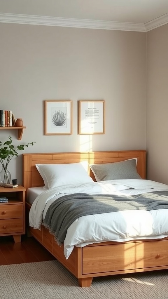 A cozy bedroom with a wooden bed, side table, and shelves, showcasing multi-functional furniture.