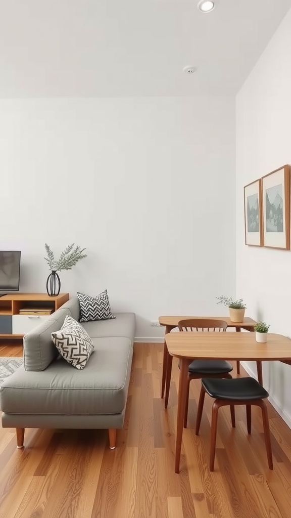 A minimalist apartment living space showcasing a grey sofa, a wooden dining table, and simple decor.