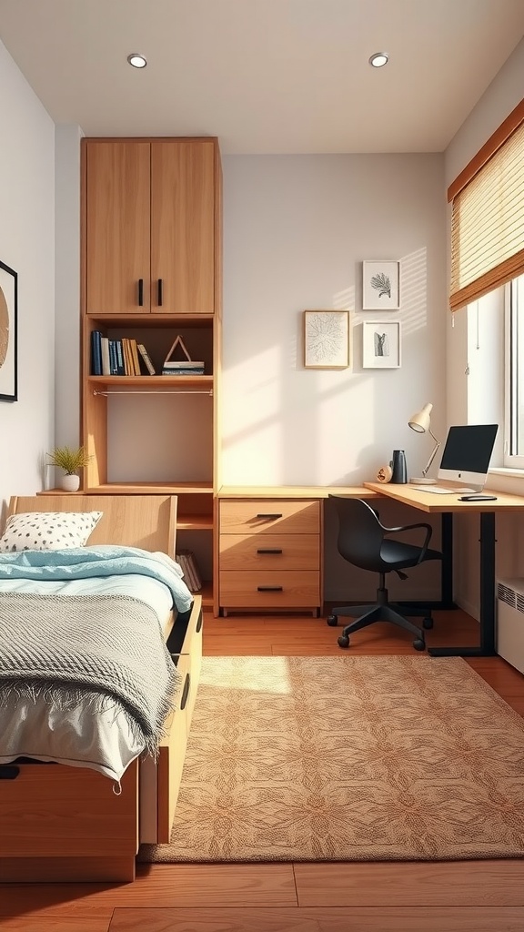 A well-organized small bedroom featuring multifunctional furniture, including a bed with storage, a desk, and a tall cabinet.