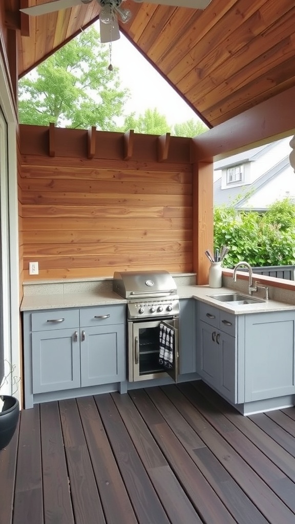 An outdoor kitchen on a deck featuring sleek cabinets, a grill, and a sink, showcasing efficient use of space.