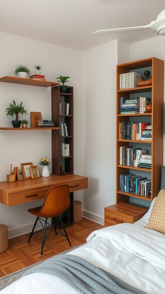 A cozy small bedroom with a desk under wall-mounted shelves and a tall bookcase.