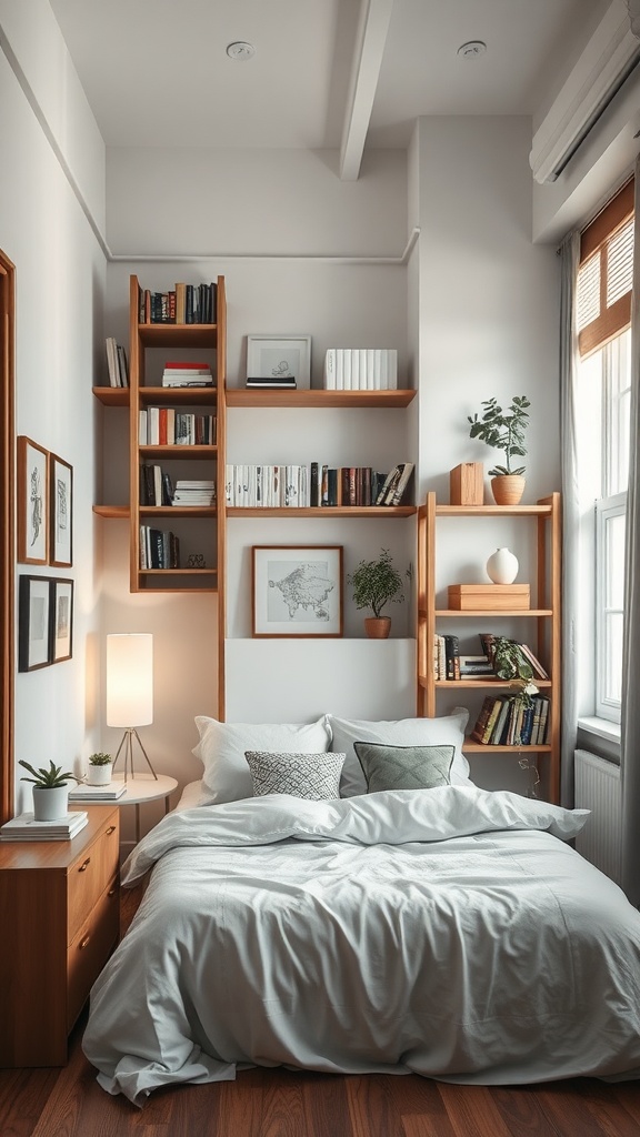 A cozy small bedroom showcasing vertical space maximization with shelves and wall art.