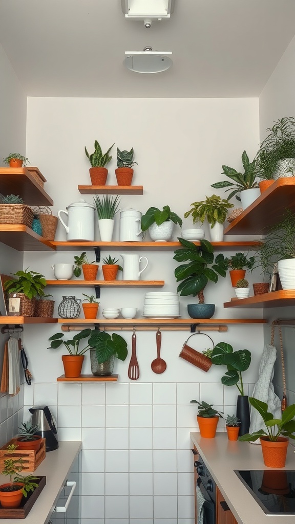 A cozy small kitchen with shelves filled with plants and kitchenware.