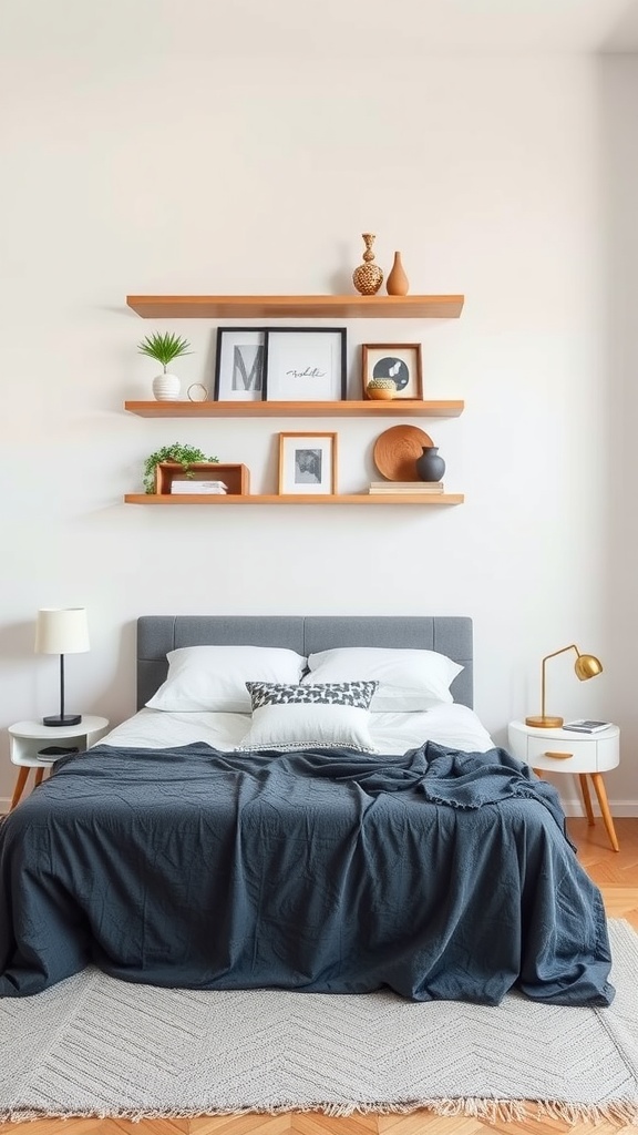 A bedroom featuring a bed with a cozy blanket and decorative pillows, complemented by stylish floating shelves above, displaying plants and framed art.