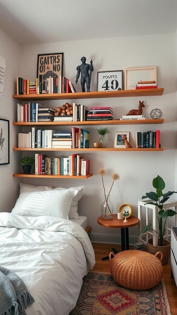 A small bedroom with wooden shelves above the bed displaying books, plants, and decorative items.