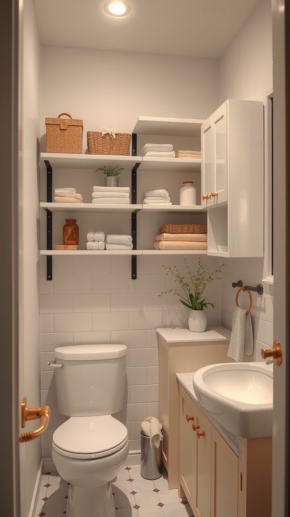 A small modern bathroom featuring vertical storage solutions with shelves and a cabinet.