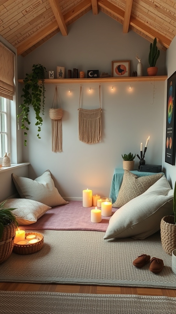 A cozy meditation and relaxation space with candles, cushions, and plants.