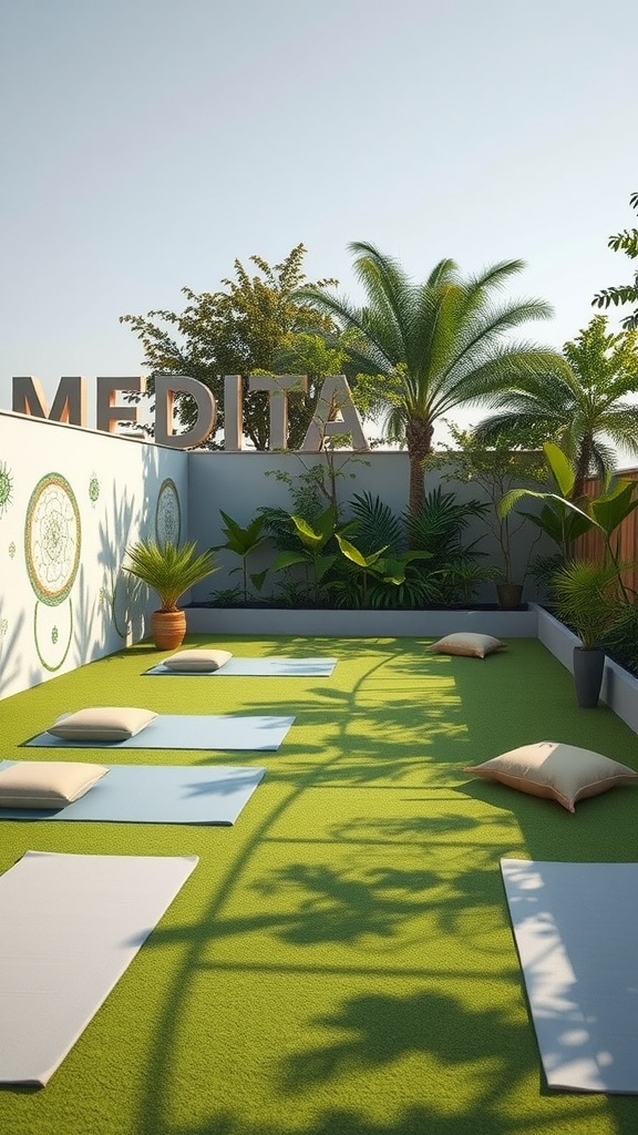 A serene backyard patio designed for meditation and yoga featuring mats, cushions, and lush greenery.