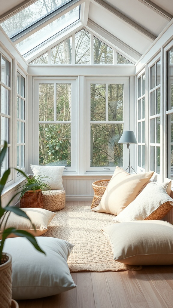 A bright and serene sunroom with large windows, soft cushions, and a cozy rug, creating a perfect meditation space.
