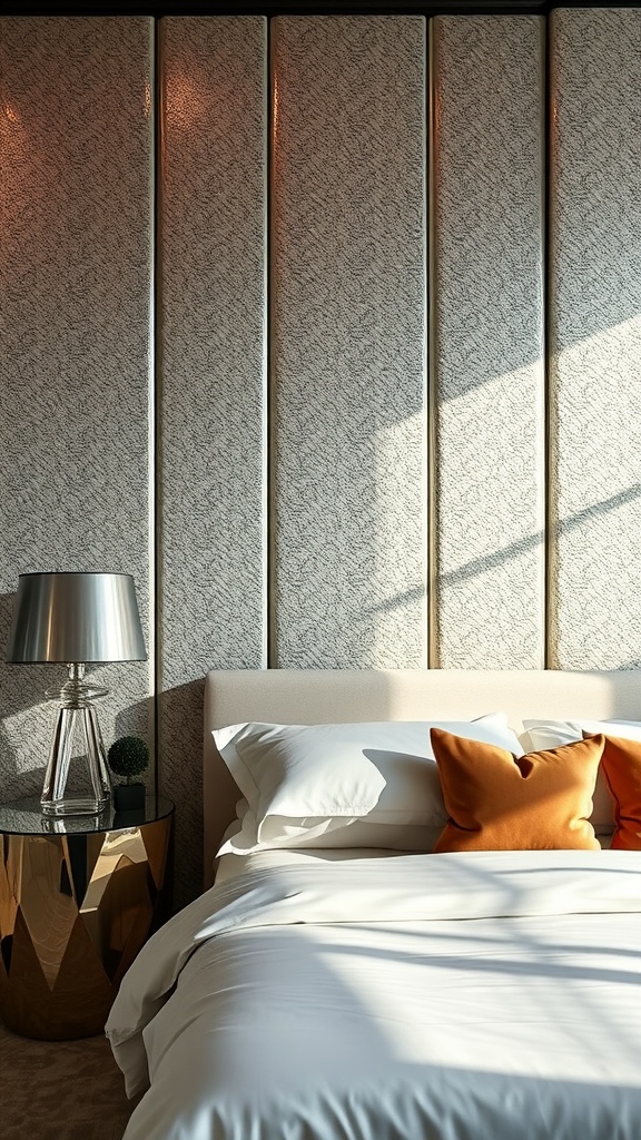 A bedroom with a metallic accent wall, stylish chair, and elegant lighting.