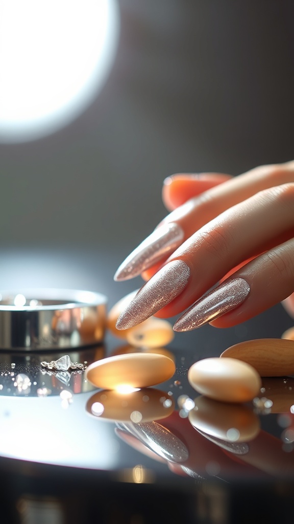 Close-up of metallic almond nails with a shiny finish, surrounded by decorative stones and jewelry.