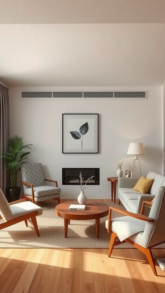 A vintage living room featuring mid-century modern furniture and decor.