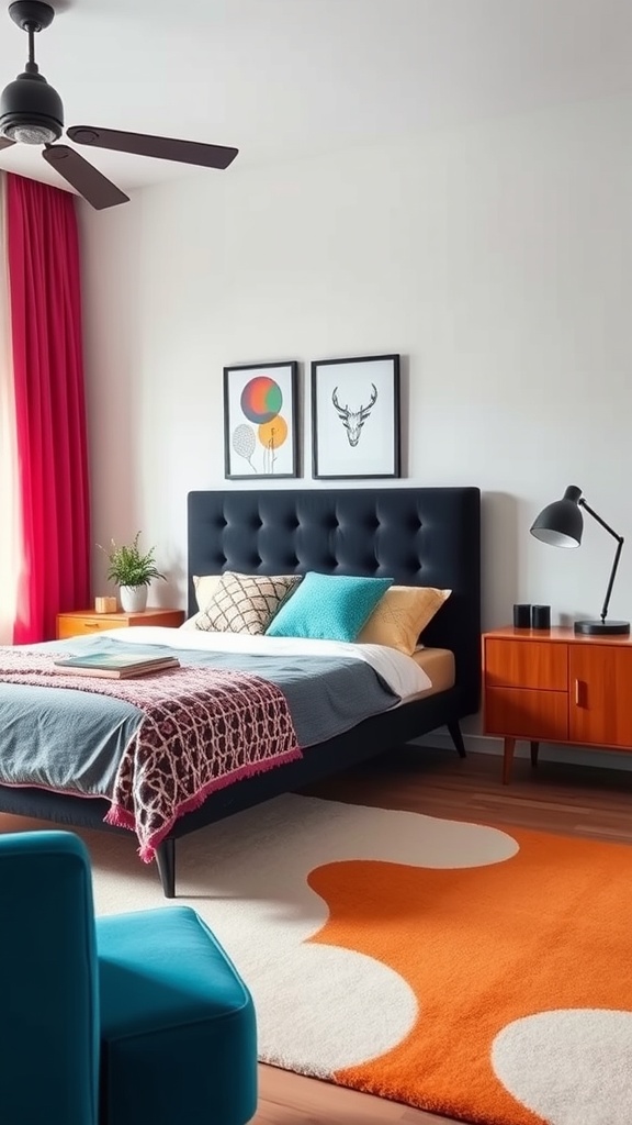 A stylish bedroom featuring a mid-century modern black headboard, colorful bedding, and vibrant decor.