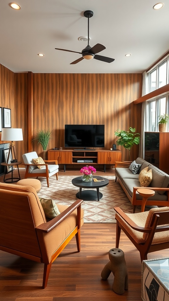 A mid-century modern living room featuring warm wood paneling, stylish furniture, and vibrant decor.