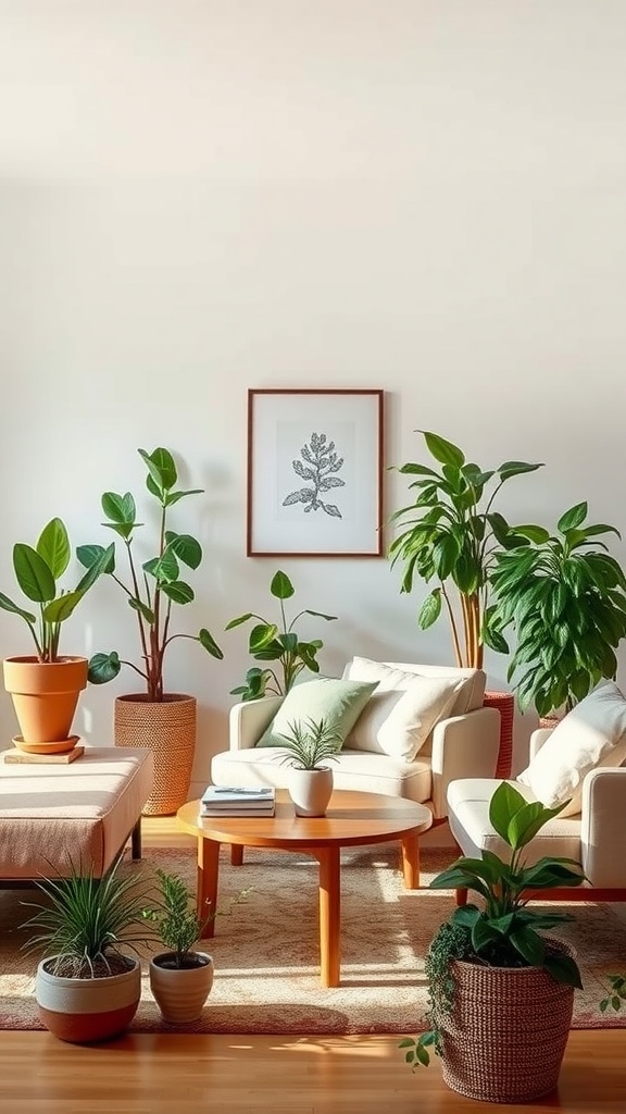 A mid-century modern living room filled with various plants, featuring a cozy seating area and botanical artwork on the wall.