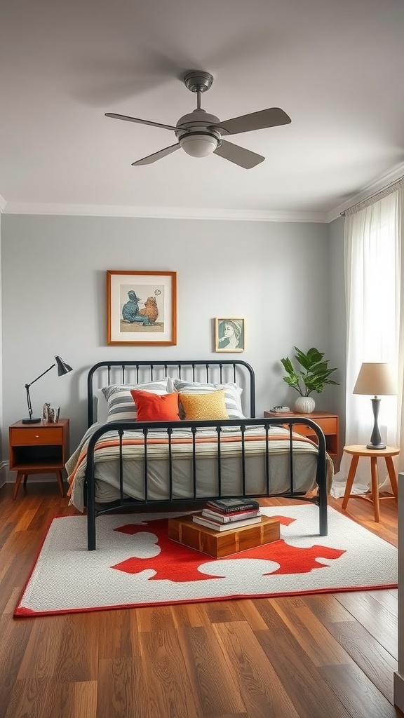 A mid-century modern bedroom featuring a black metal bed frame, colorful pillows, wooden flooring, and retro decor.