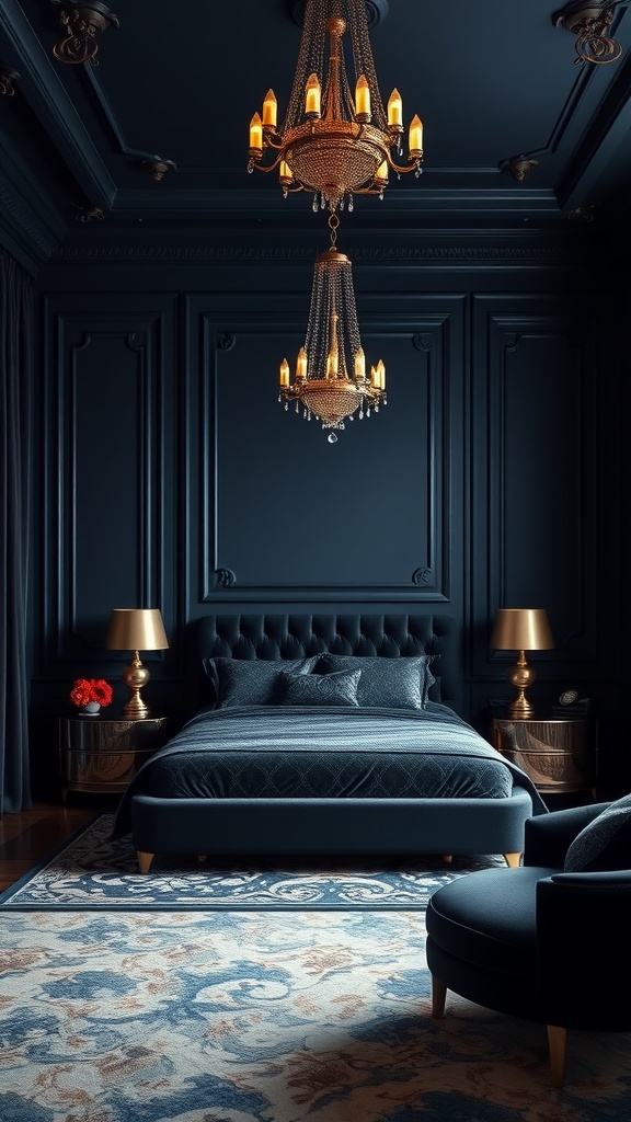 A luxurious bedroom featuring deep blue and black tones, velvet accents, and a stunning chandelier.