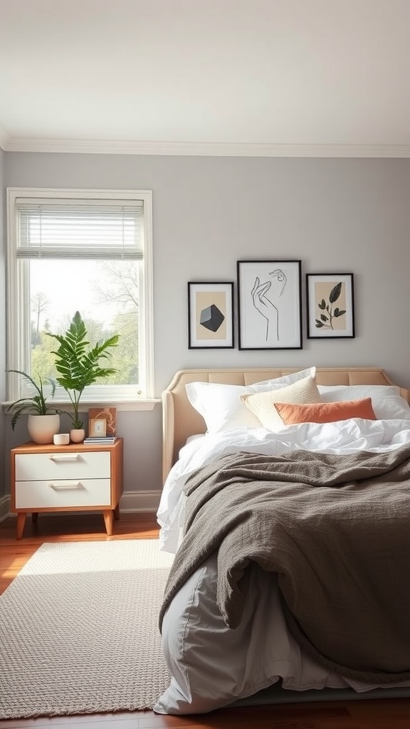 A minimalist bedroom featuring gray walls, a cozy bed with white linens and textured blankets, colorful pillows, framed artwork, and a plant by the window.