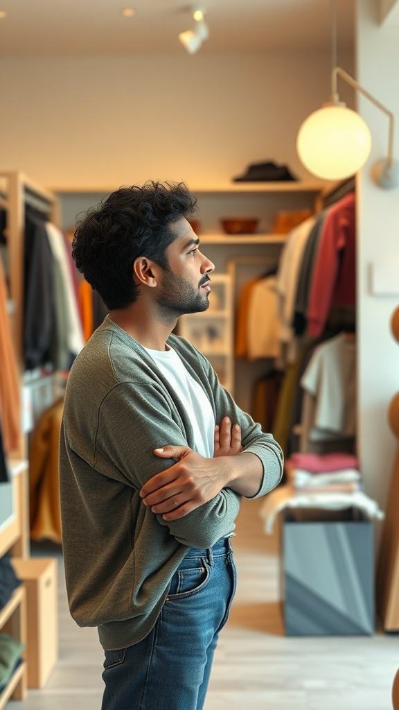A person standing in a store aisle, contemplating their shopping choices amidst shelves of books and products.