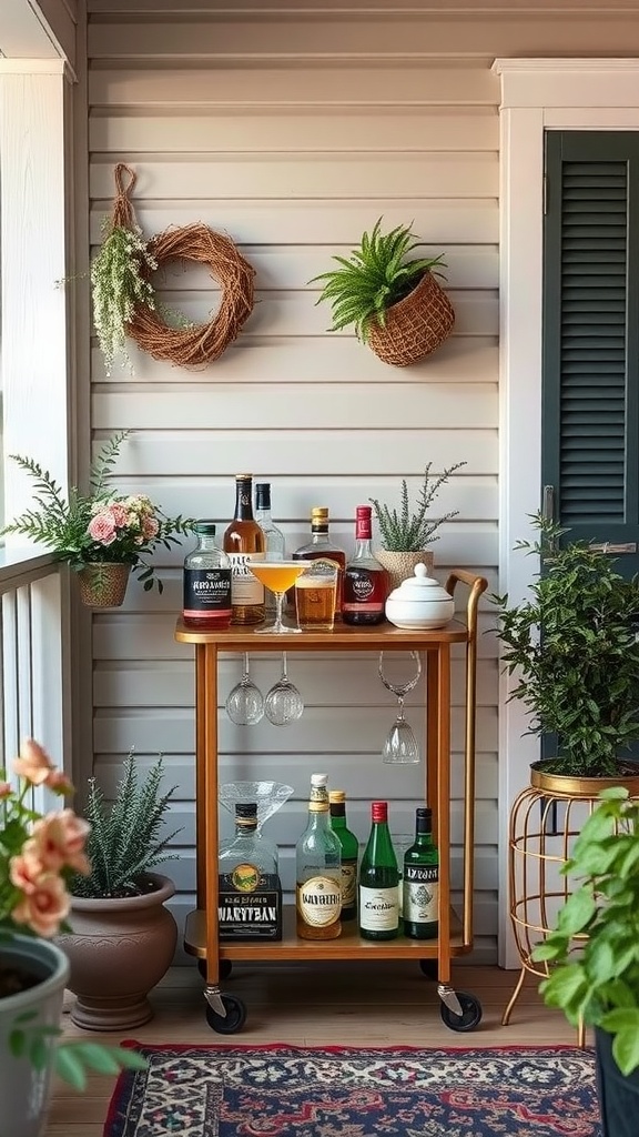 A wooden mini bar cart with various bottles and glasses, surrounded by plants on a small porch.