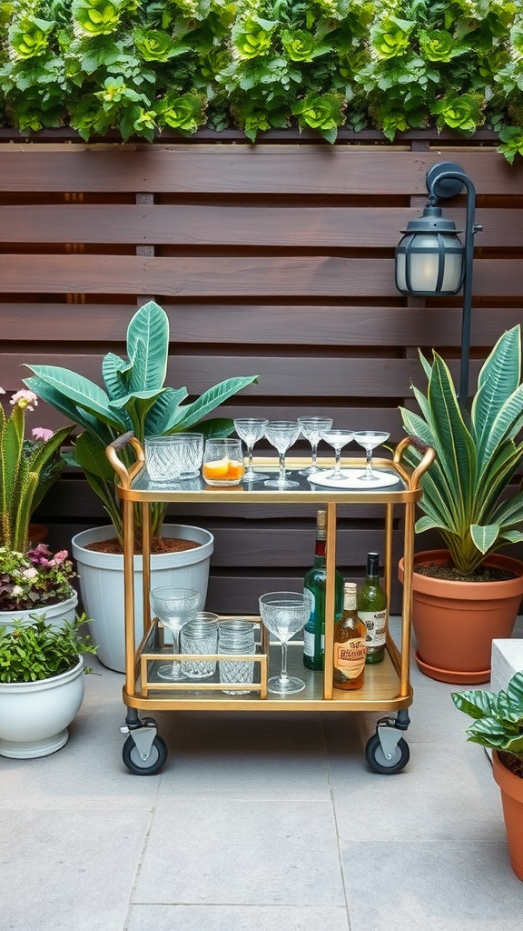 A stylish mini bar cart on a small patio, displaying various drinks and glassware surrounded by plants.