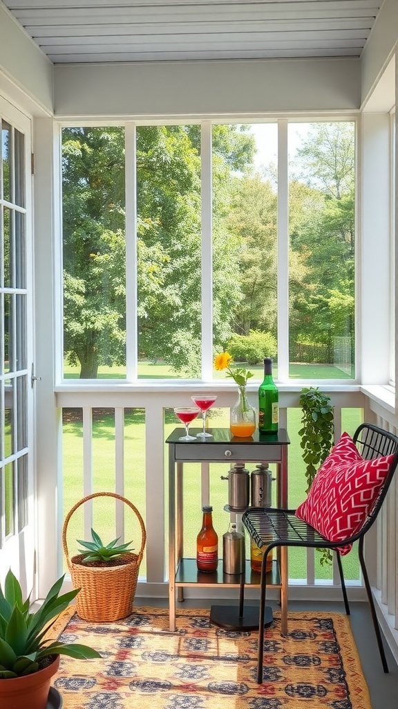 A cozy mini bar setup on a screened-in porch with drinks, plants, and a chair.