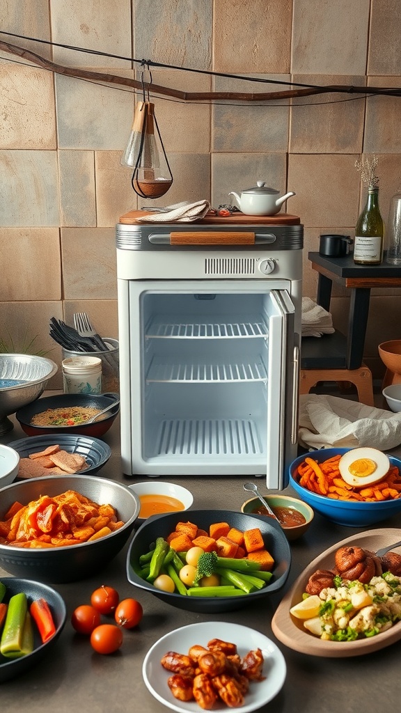 A compact mini fridge in an outdoor kitchen setting with various dishes arranged around it.