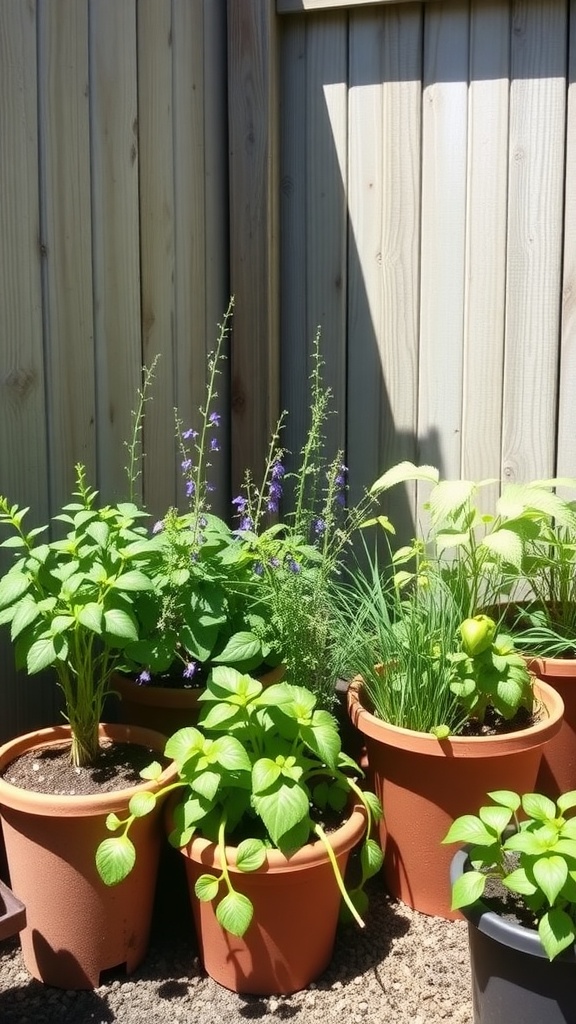 Mini herb garden with various potted herbs in sunlight against a wooden fence.