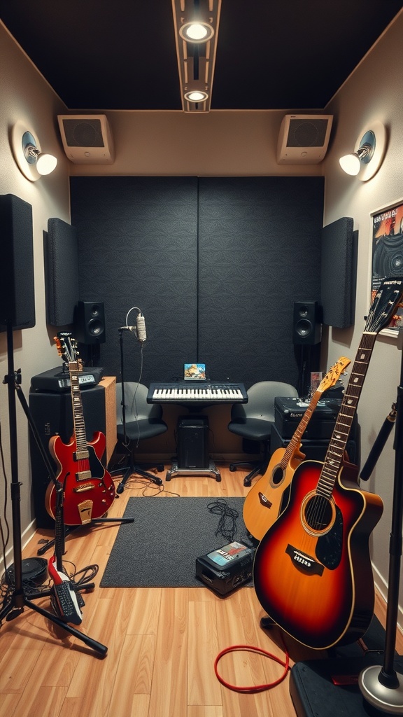 A compact music studio with guitars, a keyboard, and soundproofing panels.