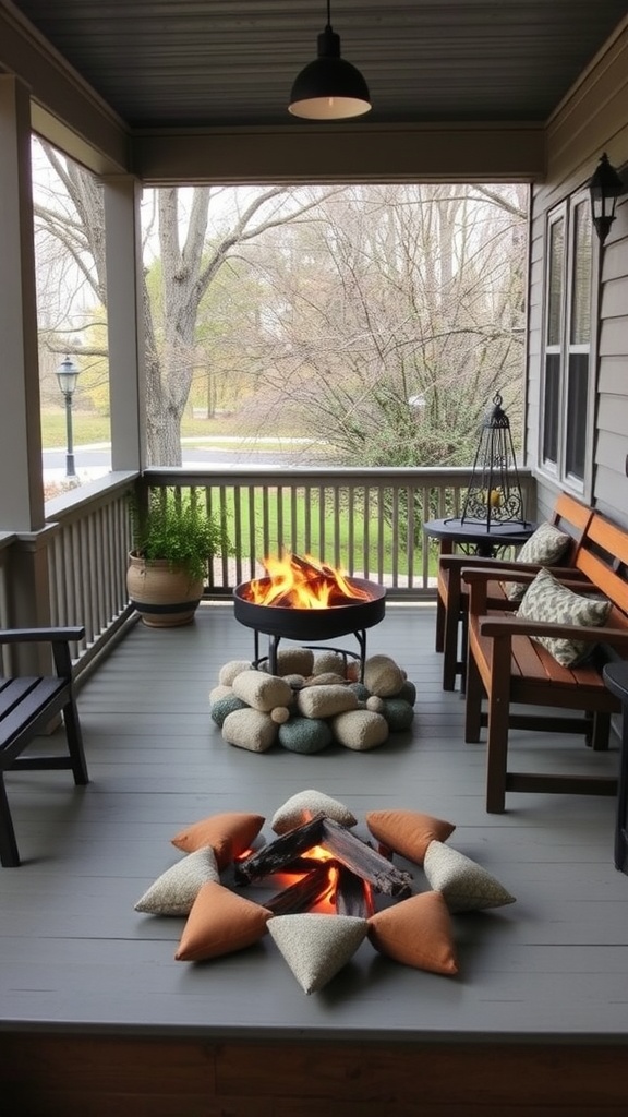 A cozy miniature fire pit on a porch surrounded by cushions and a decorative setting.