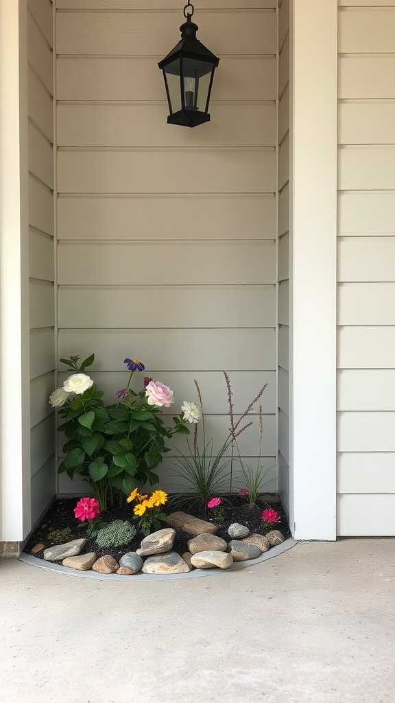 A small corner garden featuring colorful flowers and stones on a porch with a hanging lantern.