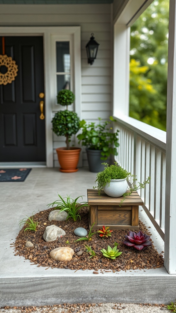 A small porch with a miniature garden featuring succulents, rocks, and a wooden planter.