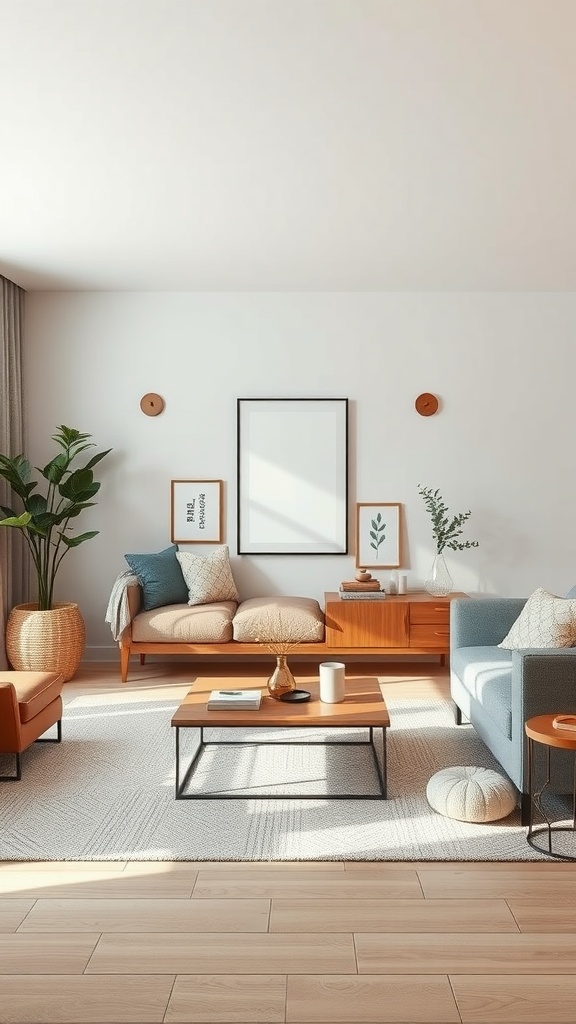 A minimalist living room featuring a cozy couch, an accent chair, a coffee table, plants, and wall decor.