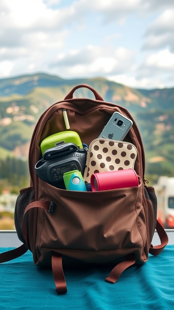 A brown backpack with essential travel items, set against a mountain background.