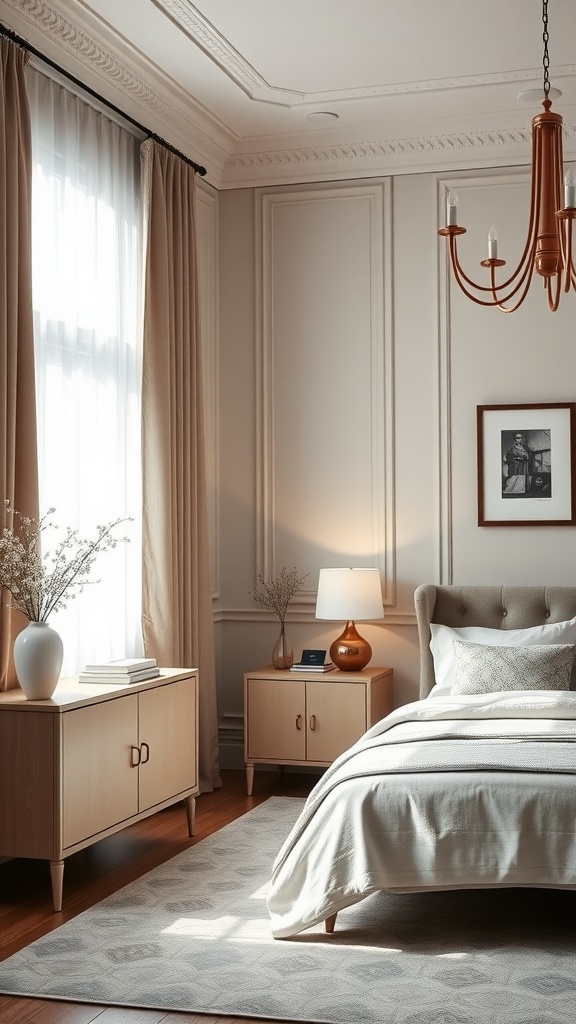 A minimalist bedroom featuring soft neutral tones, a cozy bed, wooden furniture, and natural light.