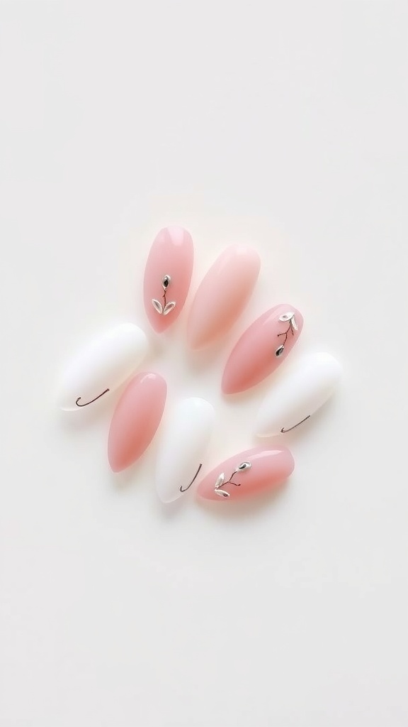 A collection of minimalist almond nails in soft pink and white shades with delicate designs.
