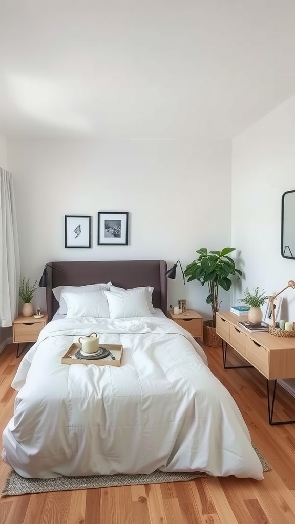A small, minimalist bedroom featuring a neatly made bed, wooden nightstands, plants, and simple wall art.