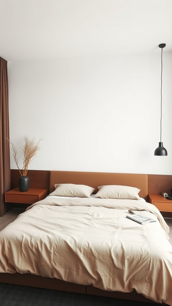 A minimalist bedroom featuring brown and black tones with a cozy bed, simple decor, and natural elements.