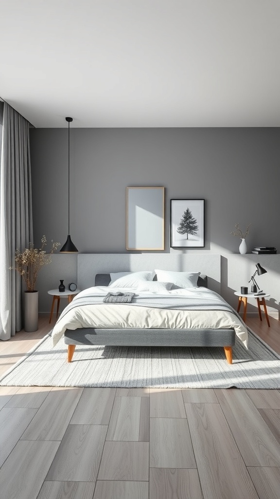 A minimalist grey and black bedroom featuring clean lines, natural light, and simple decor.