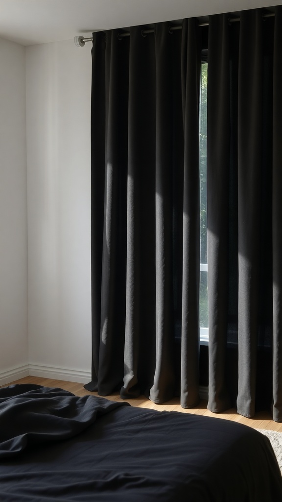 A minimalist bedroom with black curtains and a black bedspread.