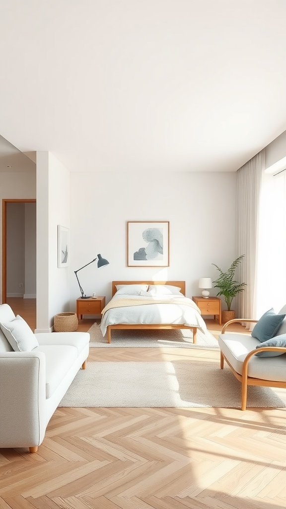 A minimalist bedroom featuring a bed, nightstands, a sofa, and a plant, with light wood flooring and white walls.
