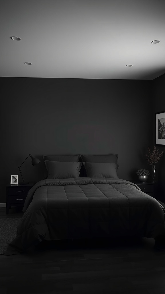 A minimalist black bedroom featuring a black bedspread, dark walls, and subtle lighting.
