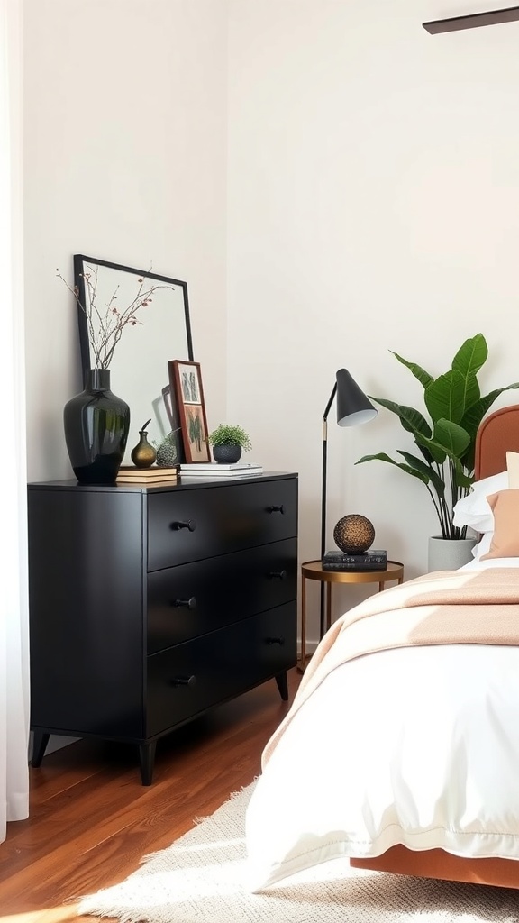 A minimalist black dresser in a bedroom with a mirror and a plant on top.