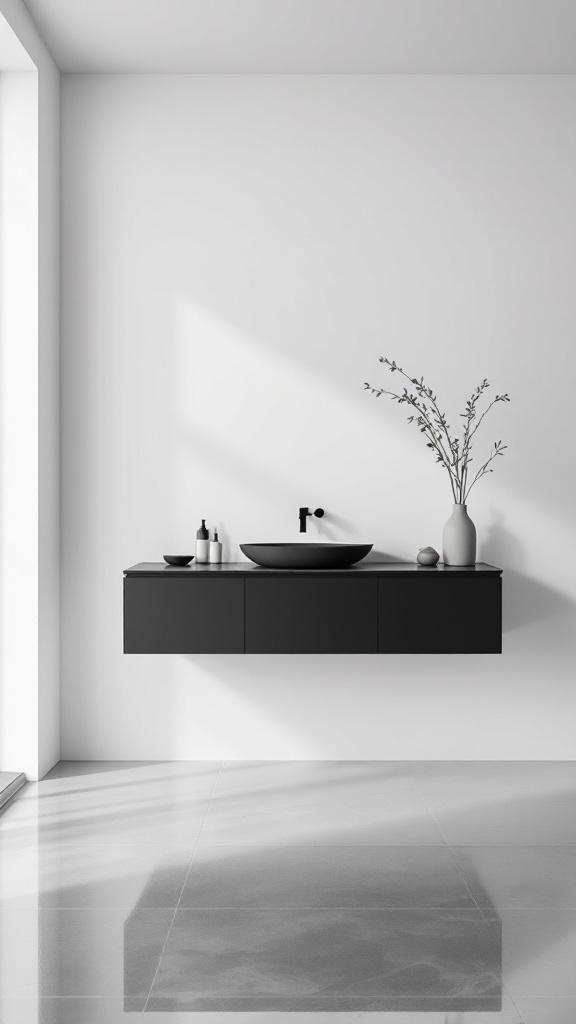 Minimalist black floating vanity with a round basin and decorative items