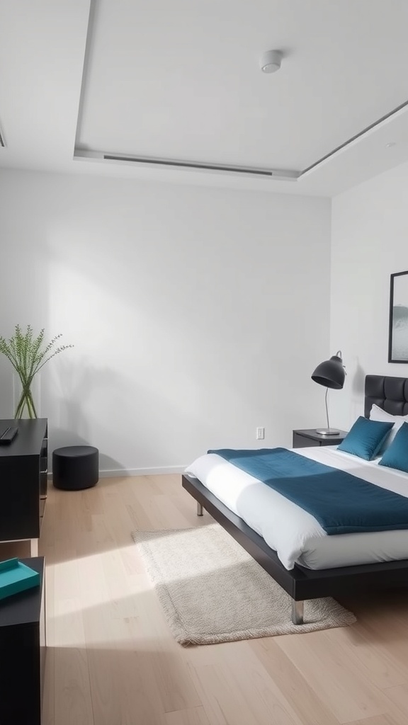 A minimalist bedroom featuring a blue and black color scheme with a modern bed, simple decor, and natural light.