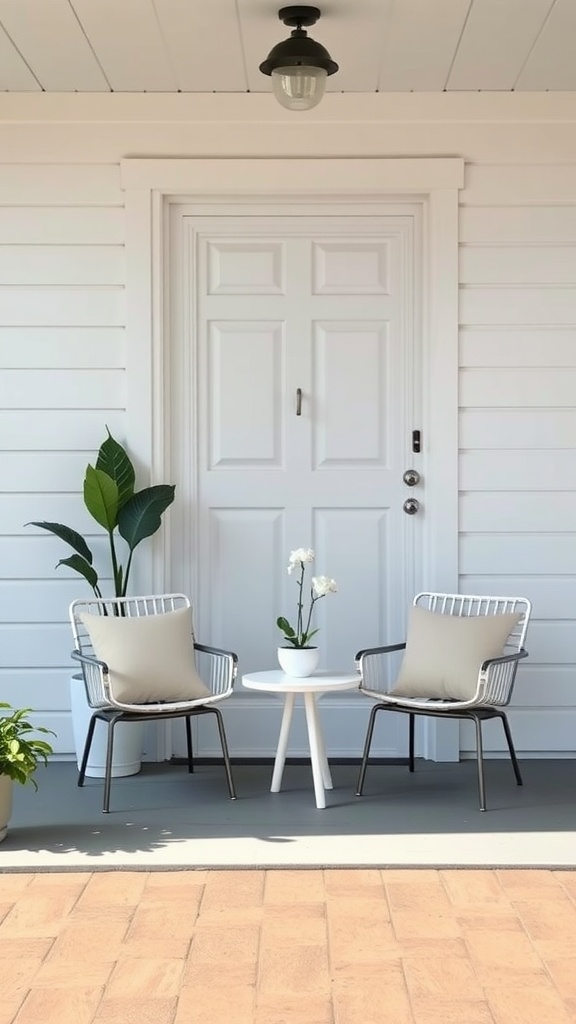 Minimalist chairs on a small front porch with a side table and a plant.