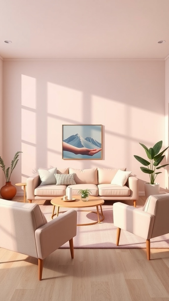Minimalist living room with pastel pink walls and simple furniture