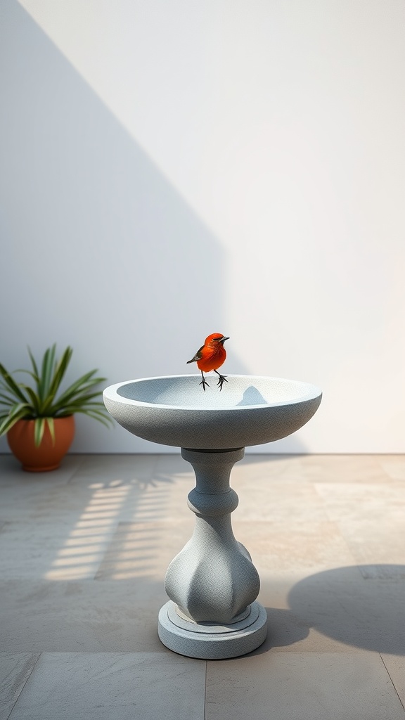 A minimalist concrete dish bird bath with a small red bird perched on the edge.